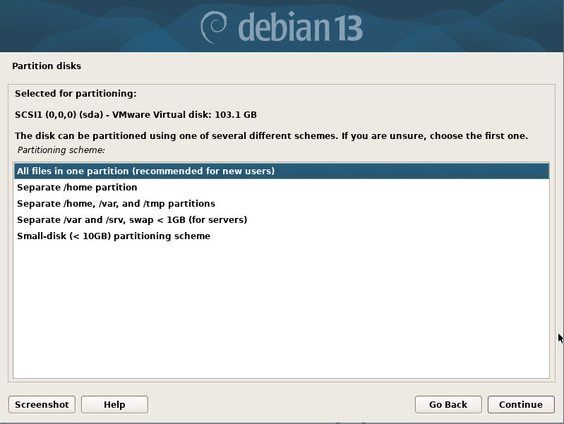 Debian partitioning scheme all files in one partition