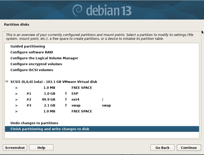 Debian finish partitioning and write changes