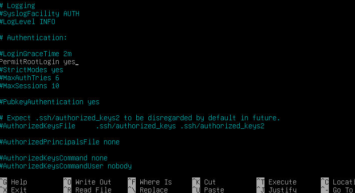 Nano showing PermitRootLogin yes