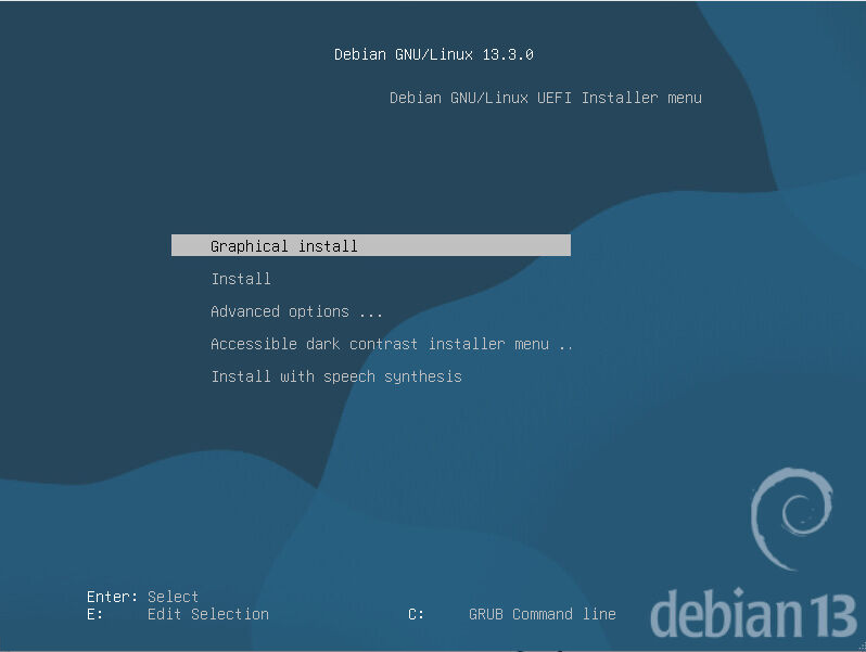 Debian installer menu with Graphical install selected