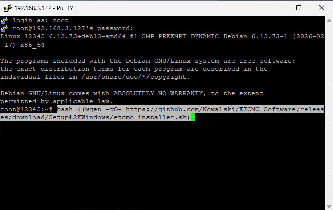 PuTTY terminal running ETCMC installer script command