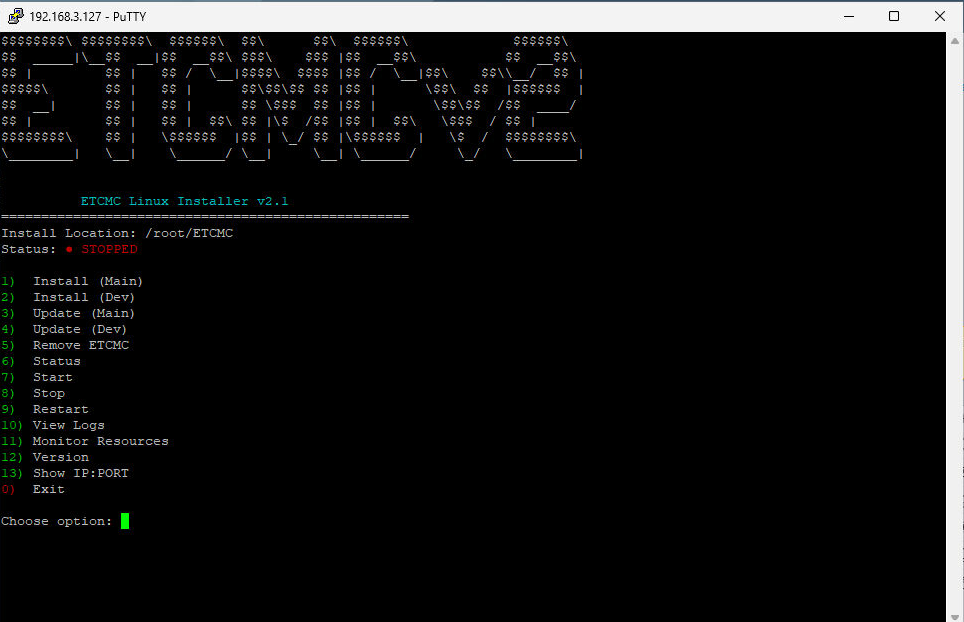 ETCMC Linux Installer menu in terminal