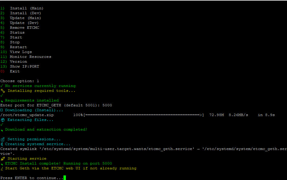 ETCMC install complete terminal output