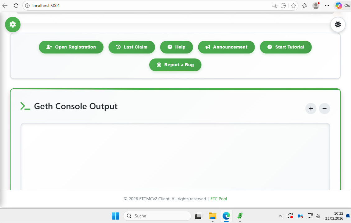 ETCMC web UI showing Open Registration button