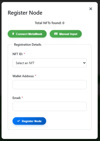 Register Node modal with Connect MetaMask and Manual Input buttons