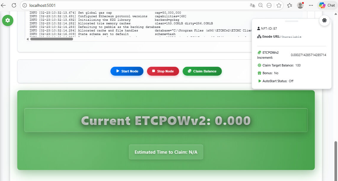ETCMC web UI with Start Node button and node dashboard