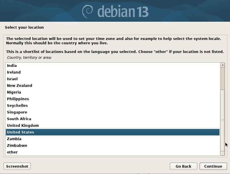 Debian location selection screen