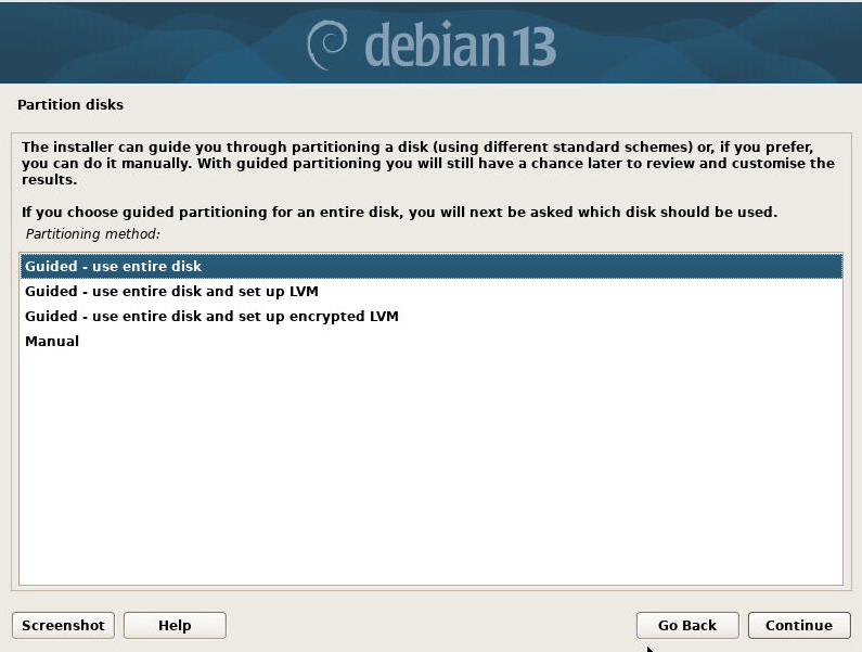 Debian partition disks guided use entire disk